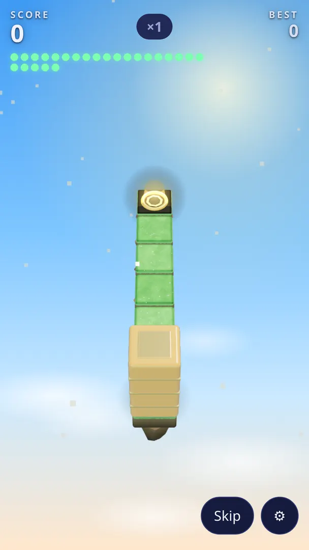 The tutorial island in daylight: a straight path of green tiles leads from the block to a glowing exit, with a Skip button.