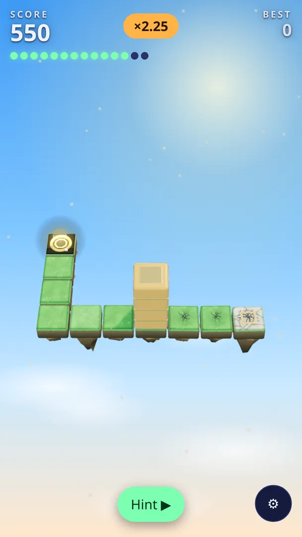 A daytime island at 550 points with a multiplier of 2.25, cracked tiles behind the block and a Hint button.