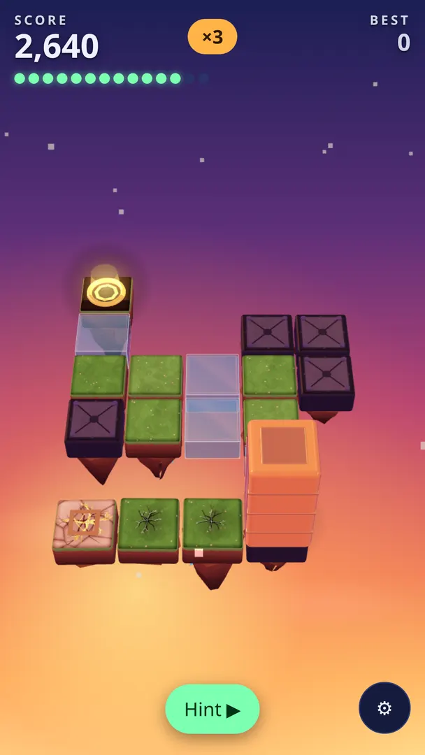A sunset sky at 2,640 points, with glass tiles and dark anchor stone on the island.