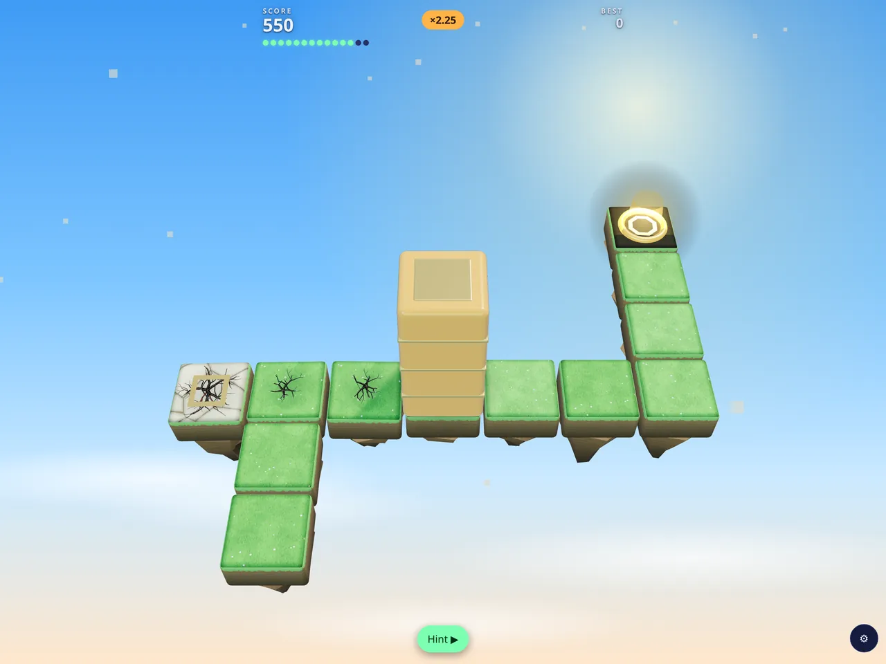 Flip Drop! on an iPad: the block standing upright on a floating island of grass tiles under a sunny sky, the glowing exit at the far end.