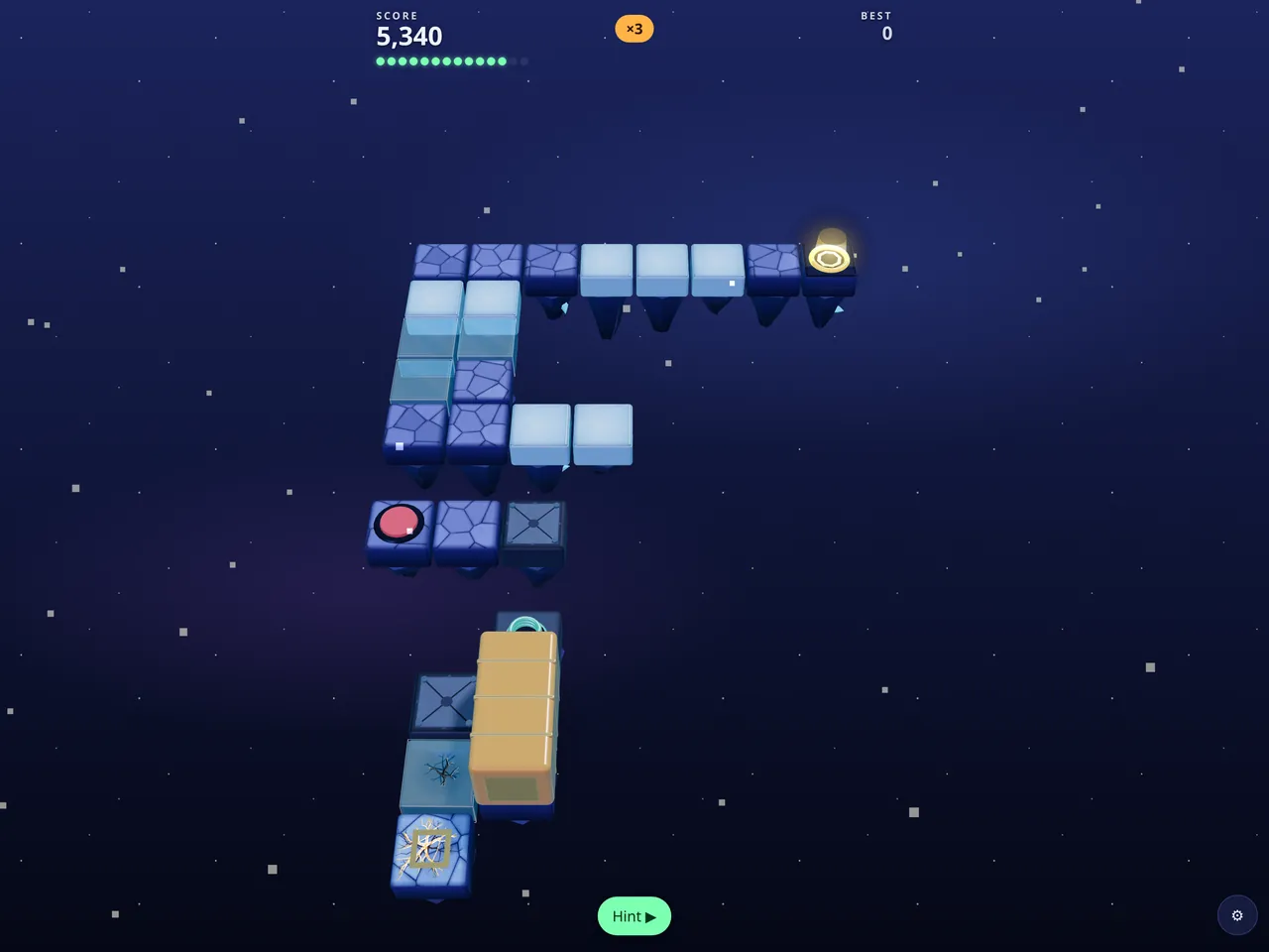 A night island among the stars: a winding path of icy blue tiles with the block on its way to the exit.