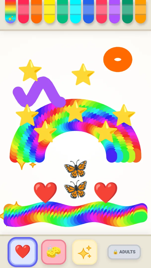 Rainbow ribbons, stars, butterflies and hearts painted on a white page, with a row of crayons across the top and an Adults button at the bottom.