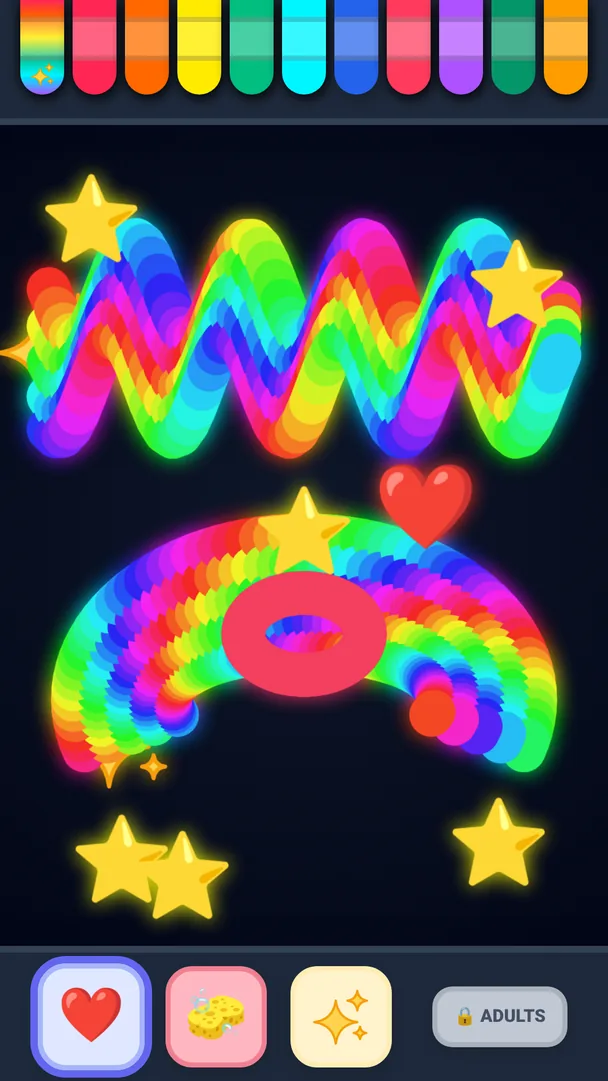 Glowing rainbow ribbons and stars on a dark night background.
