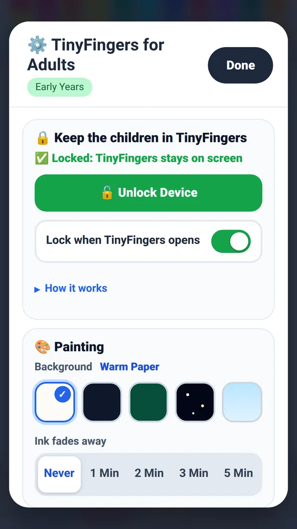 The Adults menu, with the Early Years badge, the device lock switch and the painting background choices.