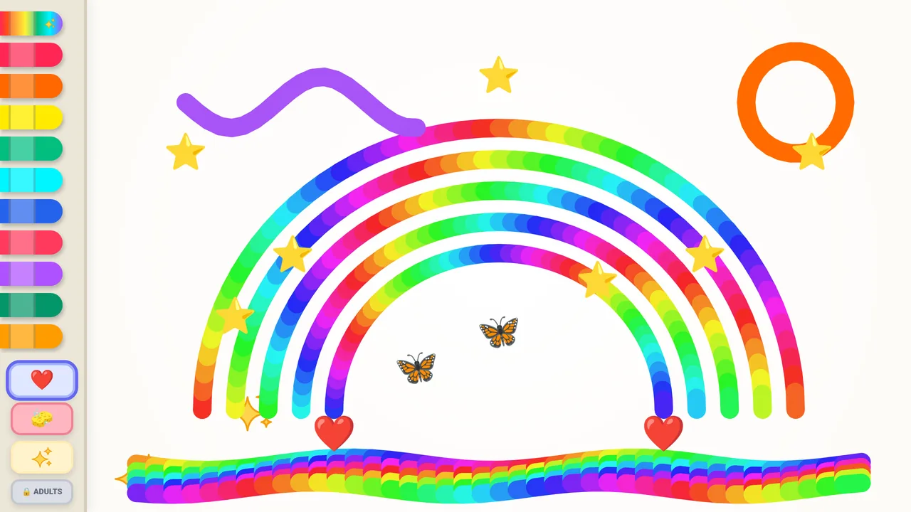TinyFingers Early Years on a computer: a big rainbow of five stripes with stars, hearts and butterflies on a white page, with the crayons down the left side.