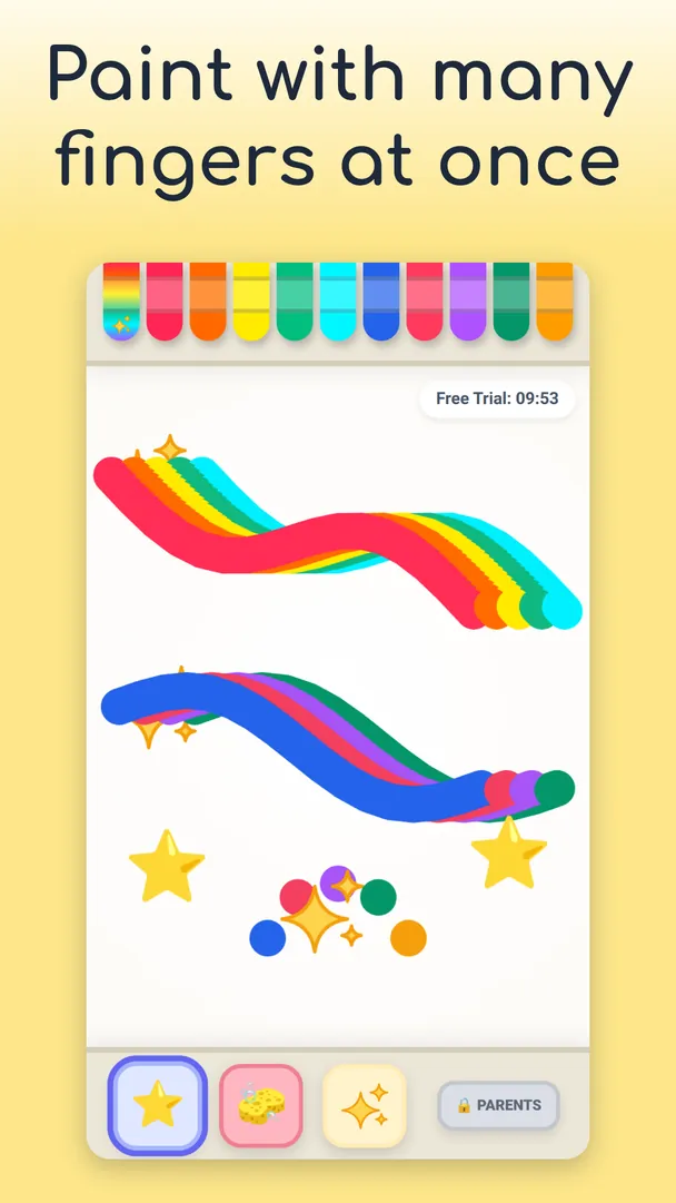 Rainbow ribbons and stars painted on a white page, with a row of crayons across the top. Caption: Paint with many fingers at once.