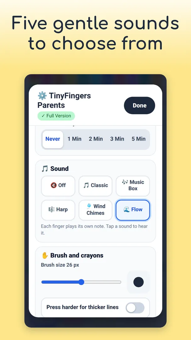 The Parents menu: the ink-fade choices, the sound tiles (Off, Classic, Music Box, Harp, Wind Chimes and Flow, with Flow chosen) and the brush size. Caption: Five gentle sounds to choose from.