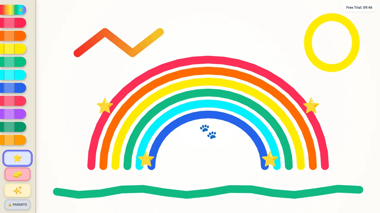TinyFingers on a Windows laptop: a big rainbow with stars and paw prints on a white page, with the crayons down the left side.