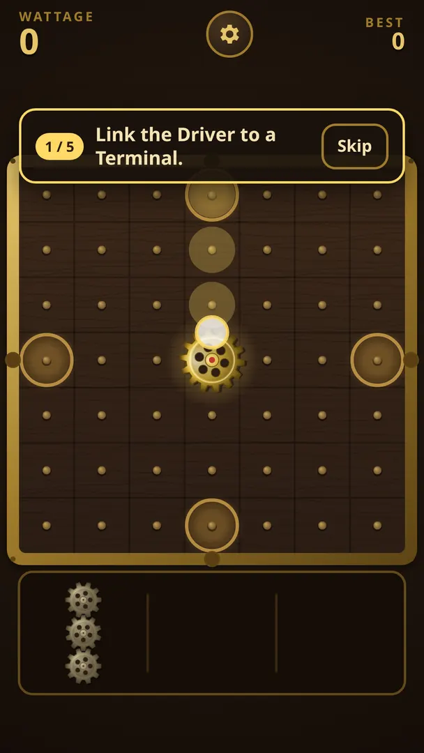 The tutorial on the 7 by 7 brass pegboard, with the prompt: Link the Driver to a Terminal.