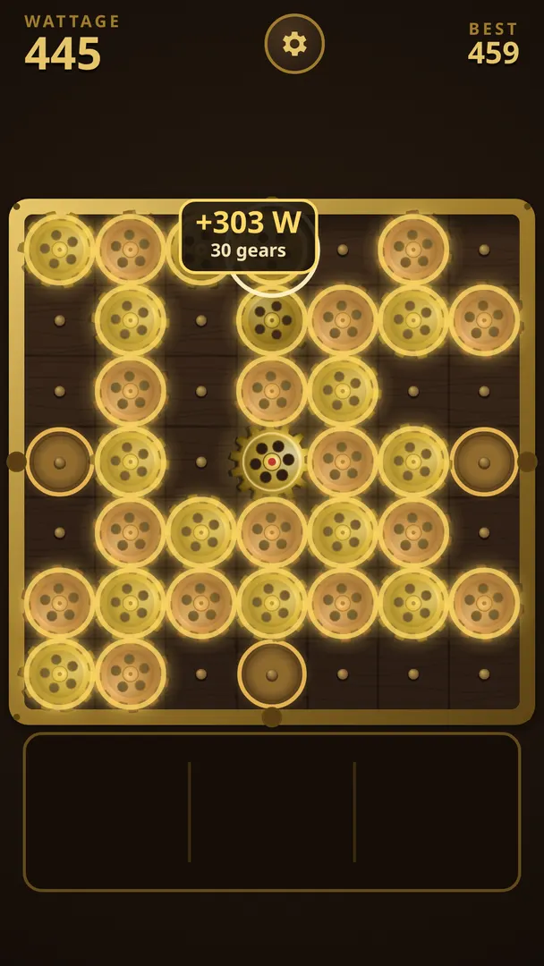 A long chain of thirty glowing gears across the board, scoring 303 watts.