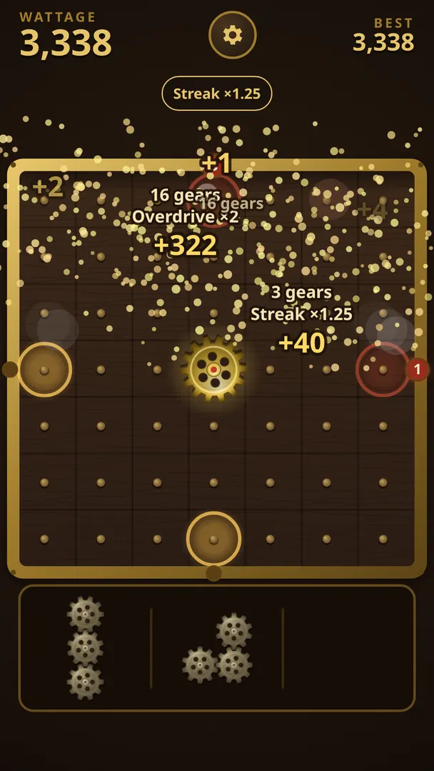 A late-game board with sparks, a streak bonus and a red marker on one Terminal.