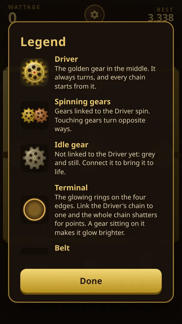 The Legend panel, explaining the Driver, spinning gears, idle gears, Terminals and belts.