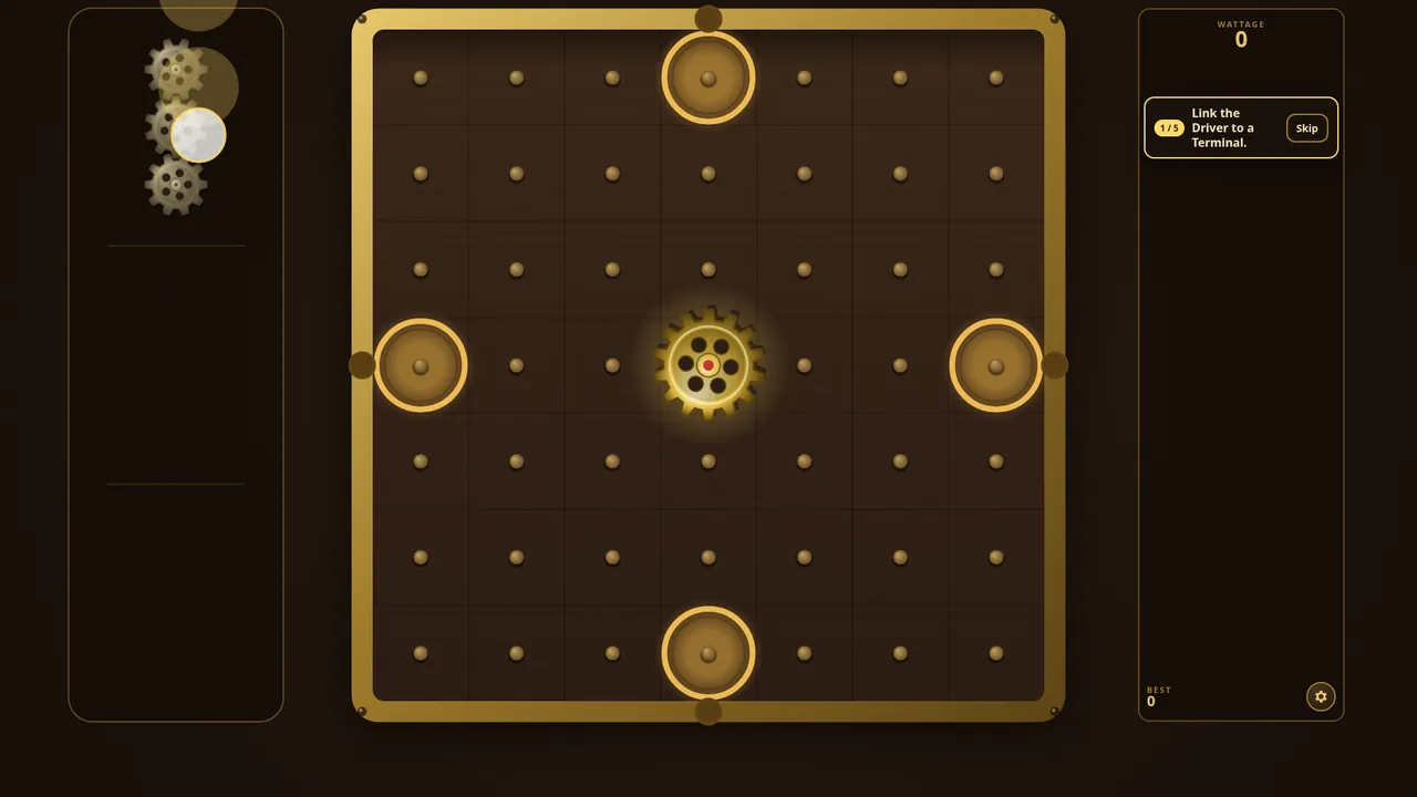 The brass pegboard at the start of a game on Windows: the golden Driver in the middle, four Terminals at the edges and the first gear pieces in the tray.