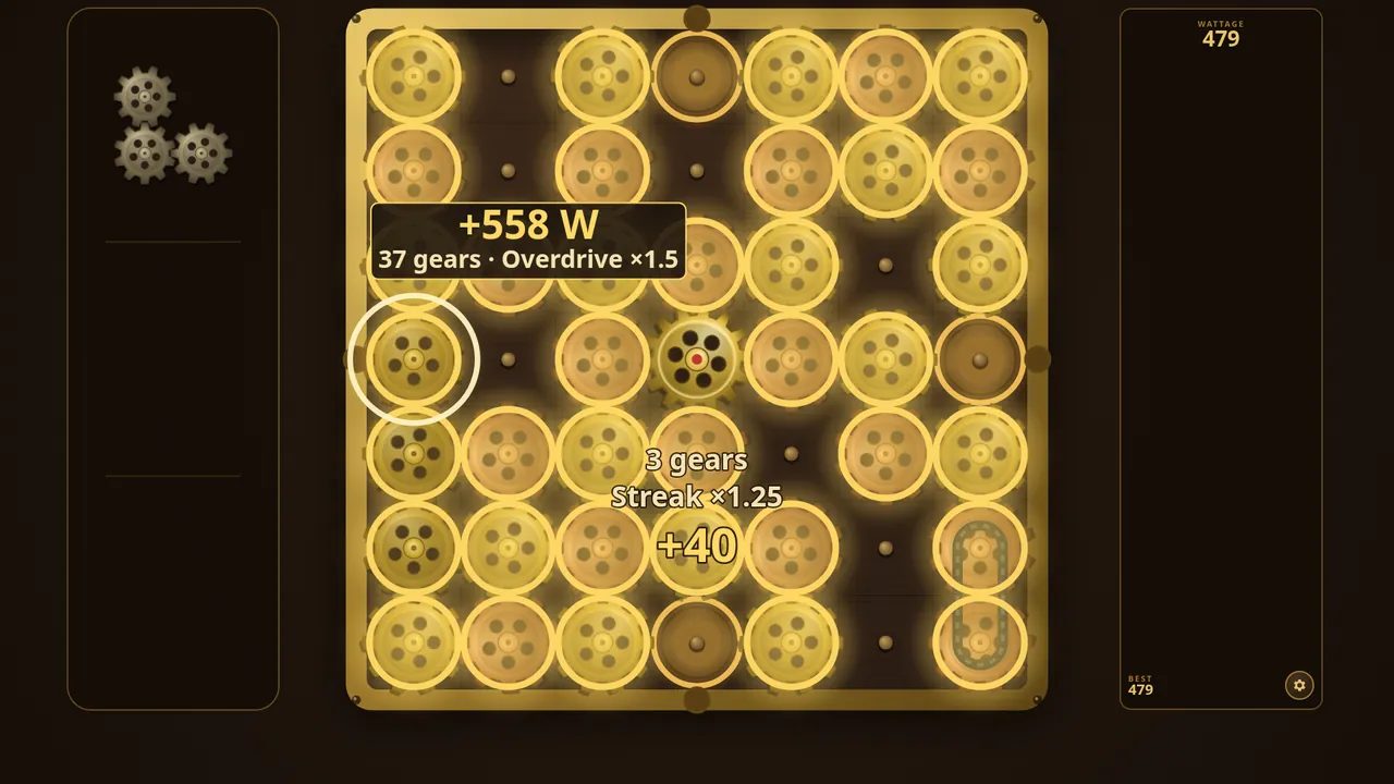A board packed with golden gears linked to the Driver. The chain shatters for +558 W: 37 gears with Overdrive ×1.5.