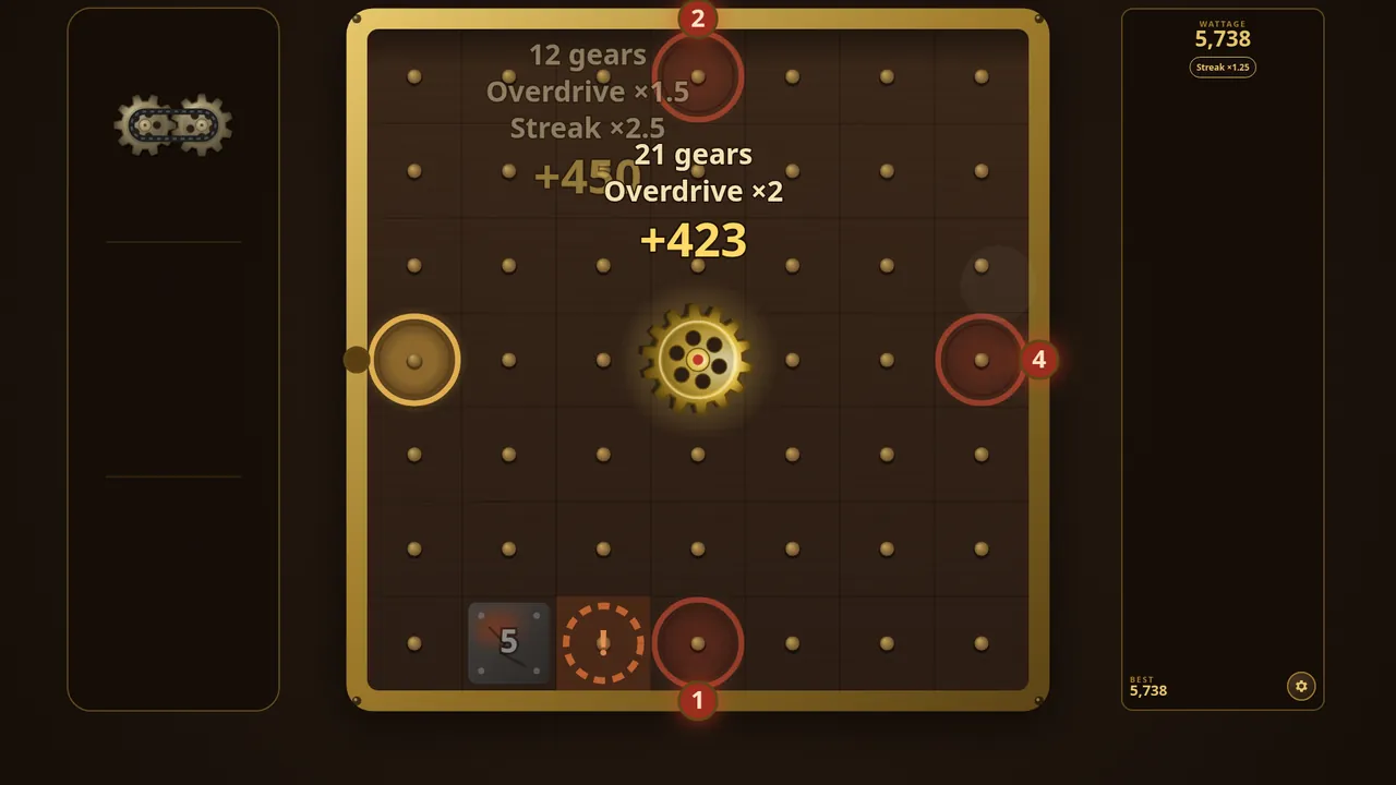 Later in a game: two Terminals have overheated and glow red with a countdown, while another chain scores +423.