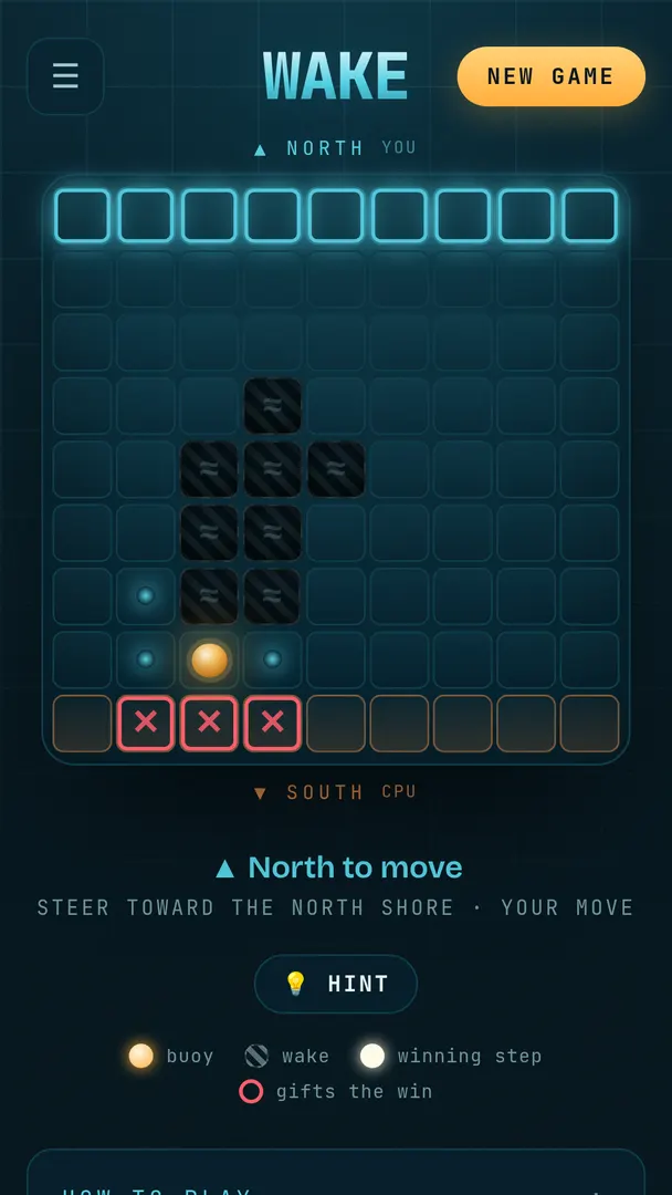 A 9 by 9 duel: the golden buoy, dark wake cells behind it, and red marks on steps that would gift the win.