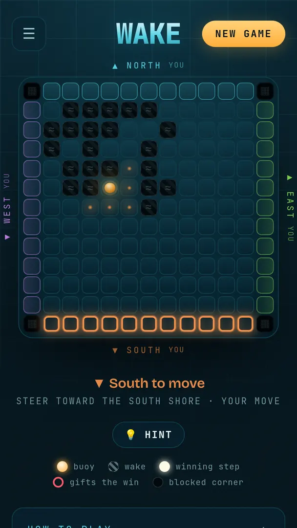 A four-way game on a larger sea with four shores and walled-off corners.