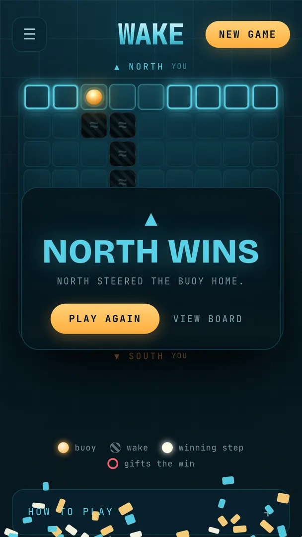 The result card: North wins. North steered the buoy home.