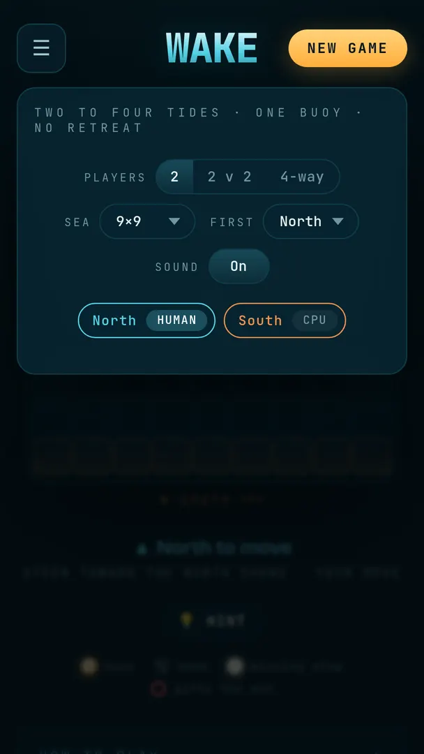 The setup panel: number of players (2, 2 v 2 or 4-way), sea size, who moves first, sound, and human or computer seats.