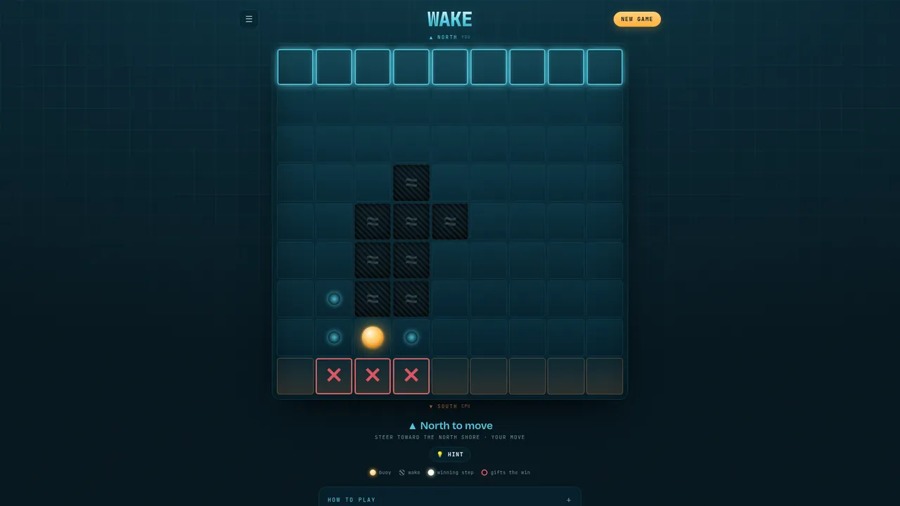 A two-player duel on the dark teal grid: the glowing buoy near the South shore, with the blocked cells of its wake behind it.