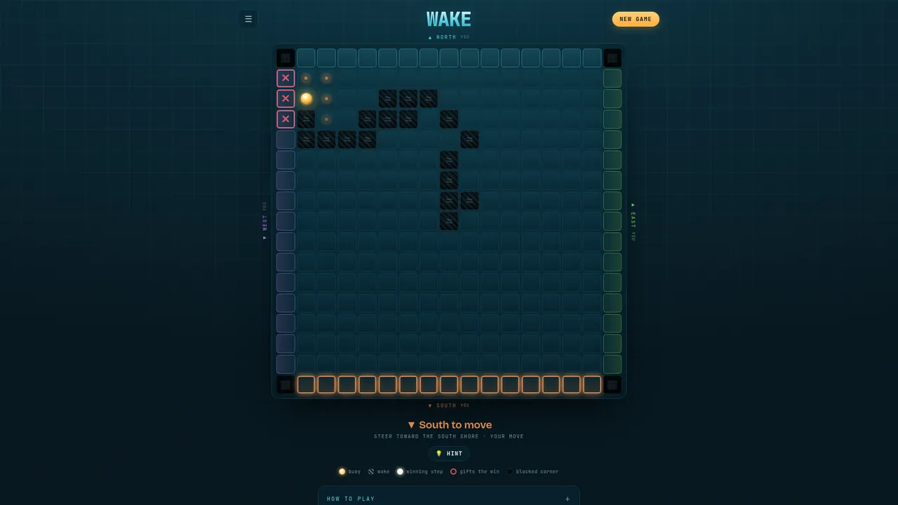 A four-way game: shores on all four sides of the grid and the buoy's winding wake across the middle.